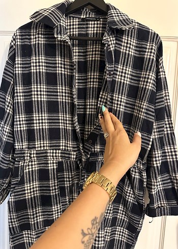 Mavi ekose şort tulum - Görsel 6