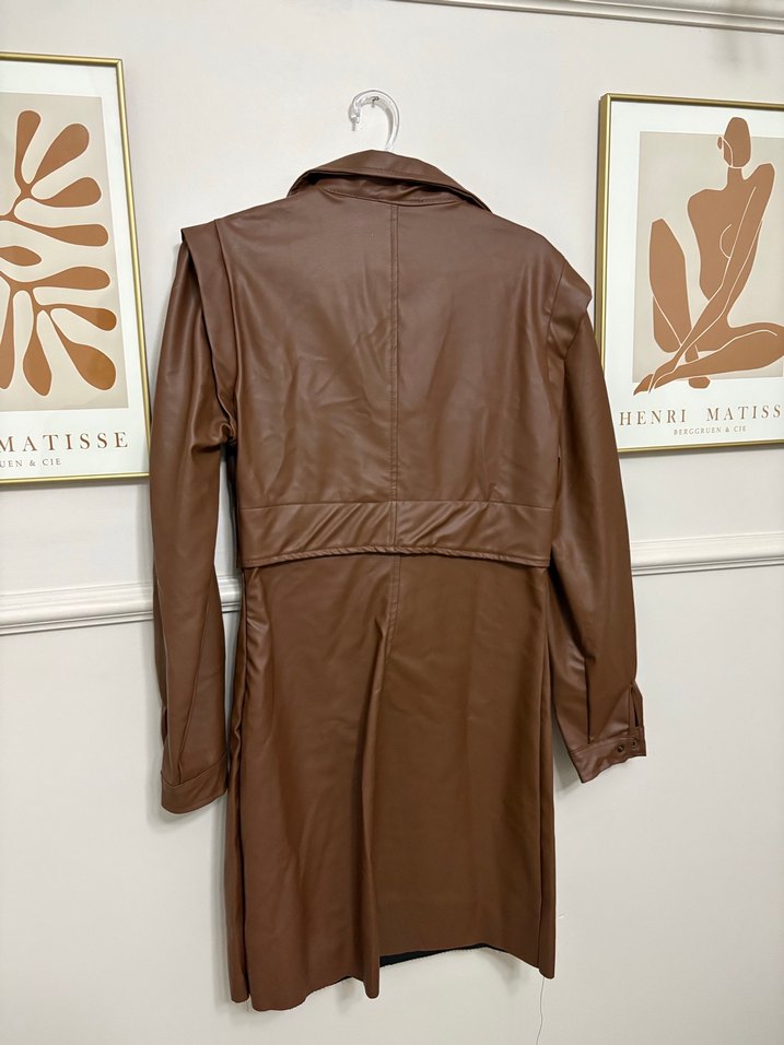 Kahverengi Uzun Deri Kadın Ceket - Görsel 2