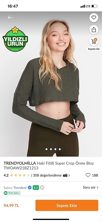 Haki fitilli süper crop örme bluz
