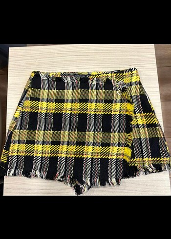 Sarı Ekose Pileli Mini Etek - Görsel 2