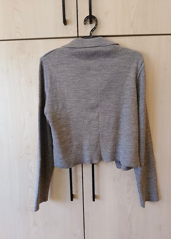 Düğmeli Gri Keten Mini Kadın Ceket - Görsel 3