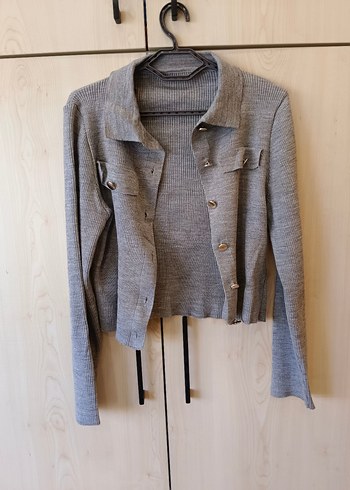 Düğmeli Gri Keten Mini Kadın Ceket - Görsel 4