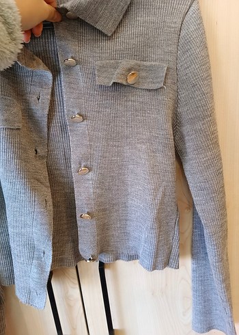 Düğmeli Gri Keten Mini Kadın Ceket - Görsel 2