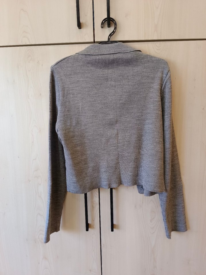 Düğmeli Gri Keten Mini Kadın Ceket - Görsel 3