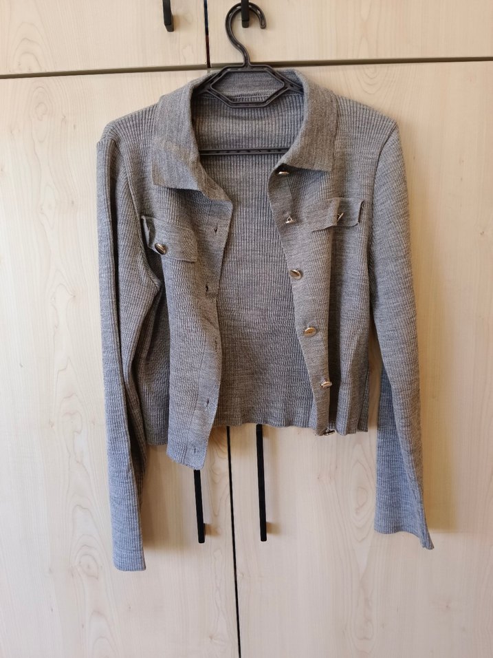 Düğmeli Gri Keten Mini Kadın Ceket - Görsel 4