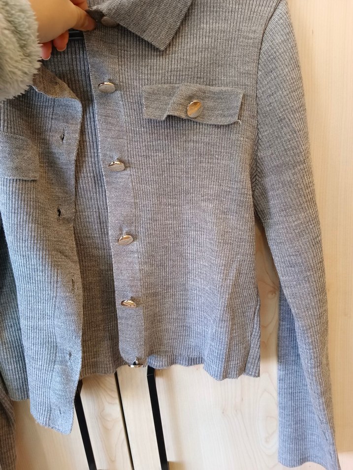 Düğmeli Gri Keten Mini Kadın Ceket - Görsel 2