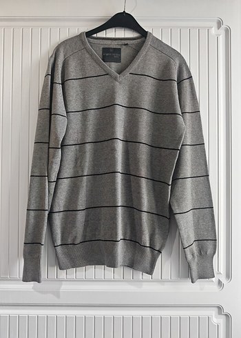 Gri Çizgili V Yaka Erkek Kazak - Görsel 2