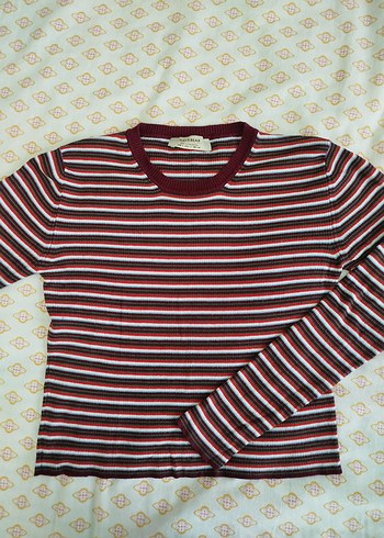 Bordo Çizgili Uzun Kollu Kadın crop bluz