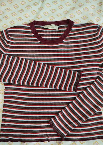 l Beden Bordo Çizgili Uzun Kollu Kadın crop bluz