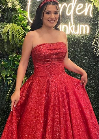 Parlak Kırmızı Straplez Uzun Abiye - Görsel 2