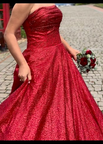 Parlak Kırmızı Straplez Uzun Abiye - Görsel 3