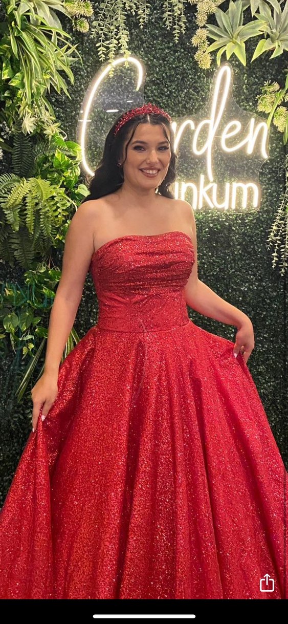 Parlak Kırmızı Straplez Uzun Abiye - Görsel 2