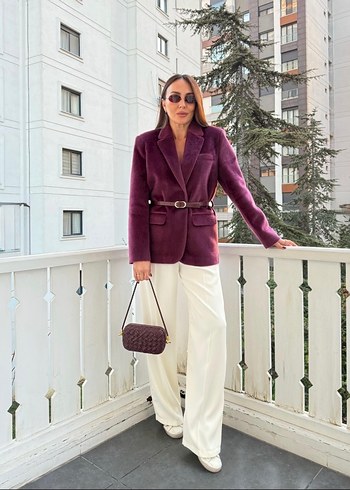 Bordo Kürklü Kadın Blazer Ceket - Görsel 2