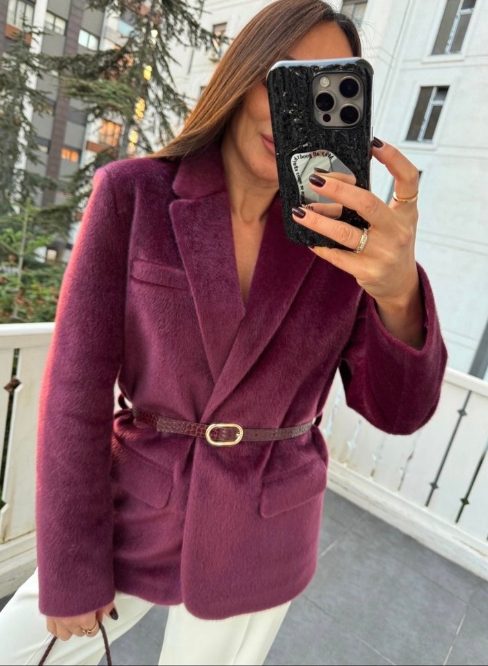 Bordo Kürklü Kadın Blazer Ceket - Görsel 3