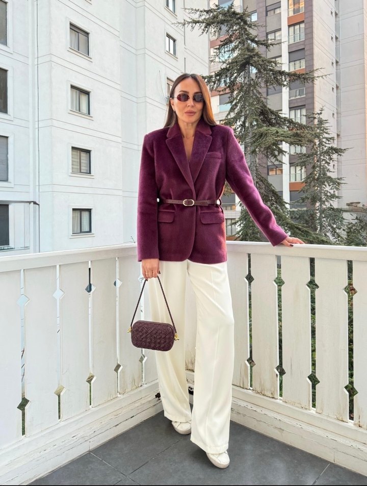 Bordo Kürklü Kadın Blazer Ceket - Görsel 2