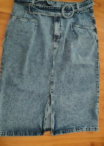 LC Waikiki Gri Mavi Kemerli Midi Denim Etek