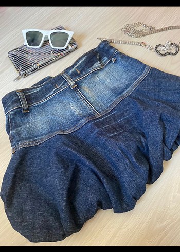 Adil Işık Nakış Detaylı Koyu Mavi Mini Denim Etek