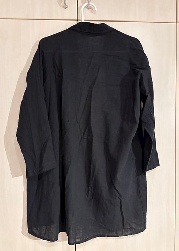 Siyah Uzun Keten Kadın Gömlek - Görsel 4