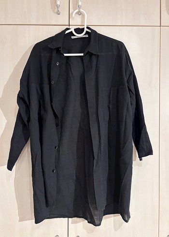 Siyah Uzun Keten Kadın Gömlek - Görsel 2