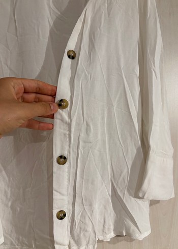 Düğmeli Beyaz Keten Salaş Gömlek - Görsel 3