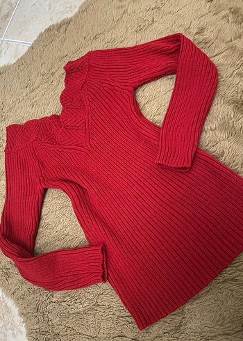 Kırmızı V Yakalı Kadın Triko Kazak - Görsel 3