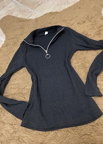 Gri Fermuarlı Uzun Kollu Kadın Sweatshirt - Görsel 3