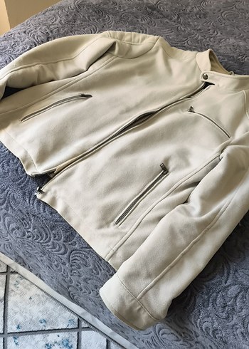 Beyaz Deri Fermuarlı Erkek Ceket - Görsel 2