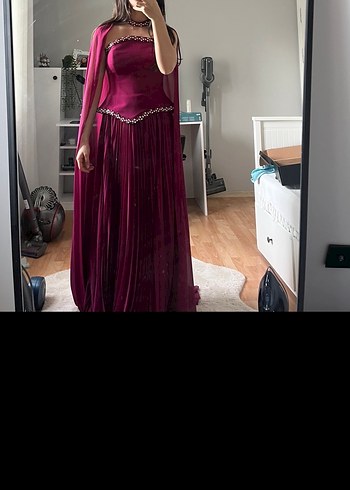 Pelerinli  Piliseli Bordo Kadın korseli abiye - Görsel 6