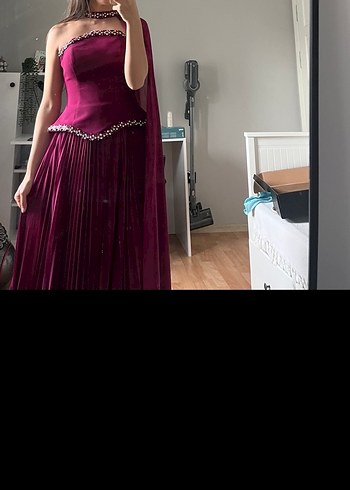 Pelerinli  Piliseli Bordo Kadın korseli abiye - Görsel 7