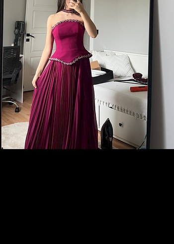 Pelerinli  Piliseli Bordo Kadın korseli abiye - Görsel 5