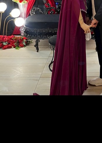 Pelerinli  Piliseli Bordo Kadın korseli abiye - Görsel 8