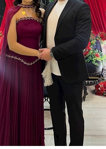 Pelerinli  Piliseli Bordo Kadın korseli abiye - Görsel 3