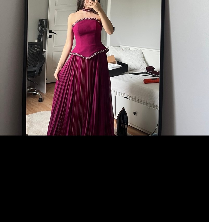 Pelerinli  Piliseli Bordo Kadın korseli abiye - Görsel 5