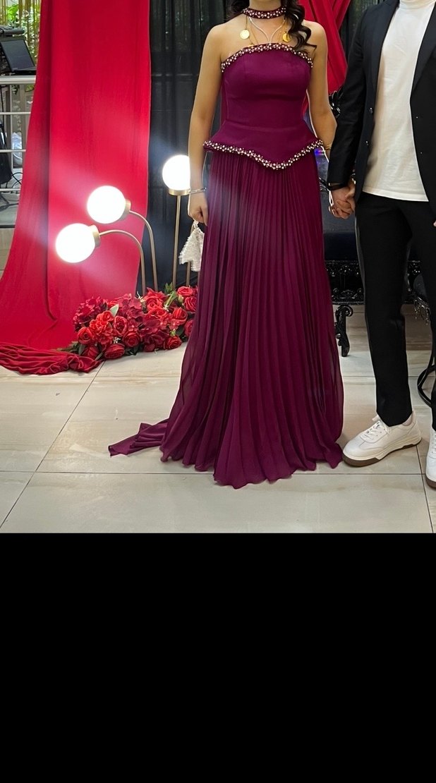 Pelerinli  Piliseli Bordo Kadın korseli abiye - Görsel 2