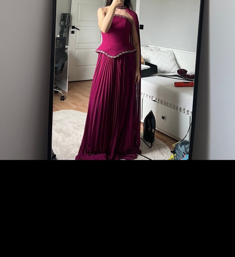 Pelerinli  Piliseli Bordo Kadın korseli abiye - Görsel 4