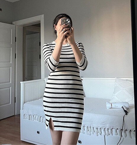 Stradivarius çizgili triko mini elbise