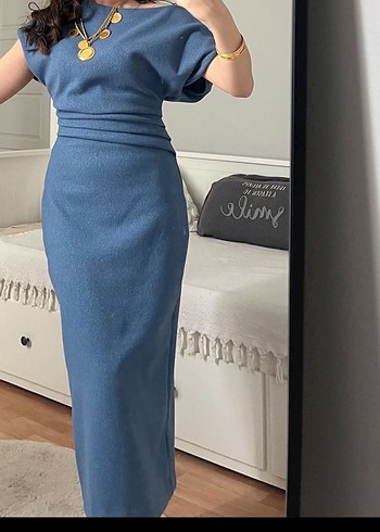 Drape detaylı midi elbise zara donuk mavi