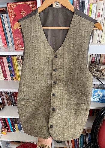 Düğmeli Bej Gri Yün Unisex Yelek - Görsel 5