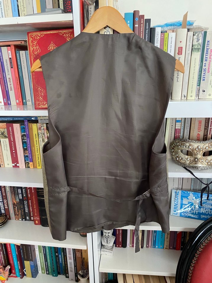 Düğmeli Bej Gri Yün Unisex Yelek - Görsel 3