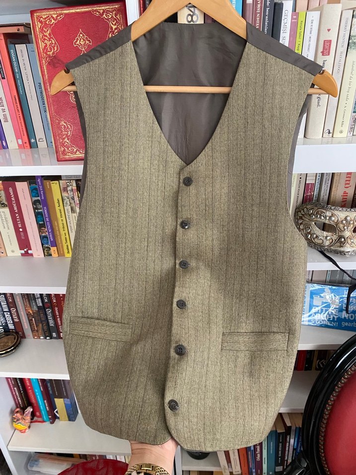 Düğmeli Bej Gri Yün Unisex Yelek - Görsel 5