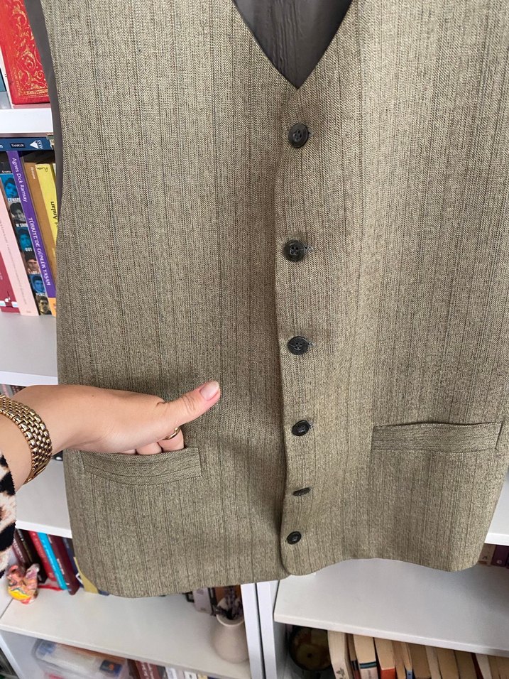 Düğmeli Bej Gri Yün Unisex Yelek - Görsel 4