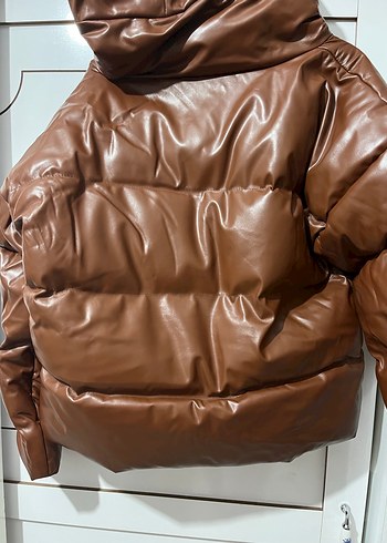 Kahverengi Deri Kadın Kışlık Mont - Görsel 3