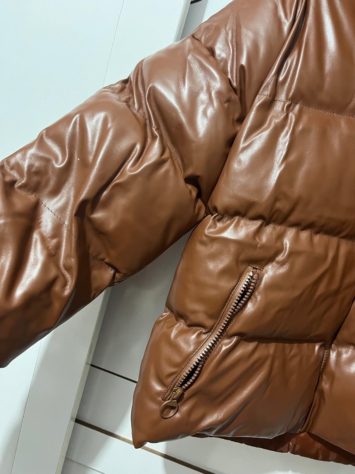 Kahverengi Deri Kadın Kışlık Mont - Görsel 2