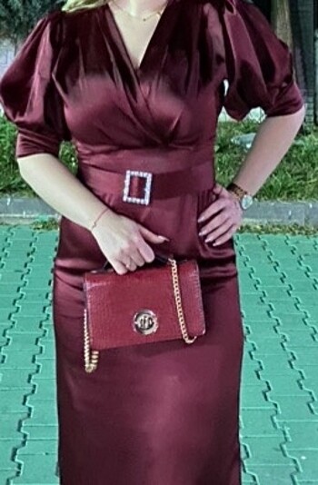 Bordo saten abiye elbise