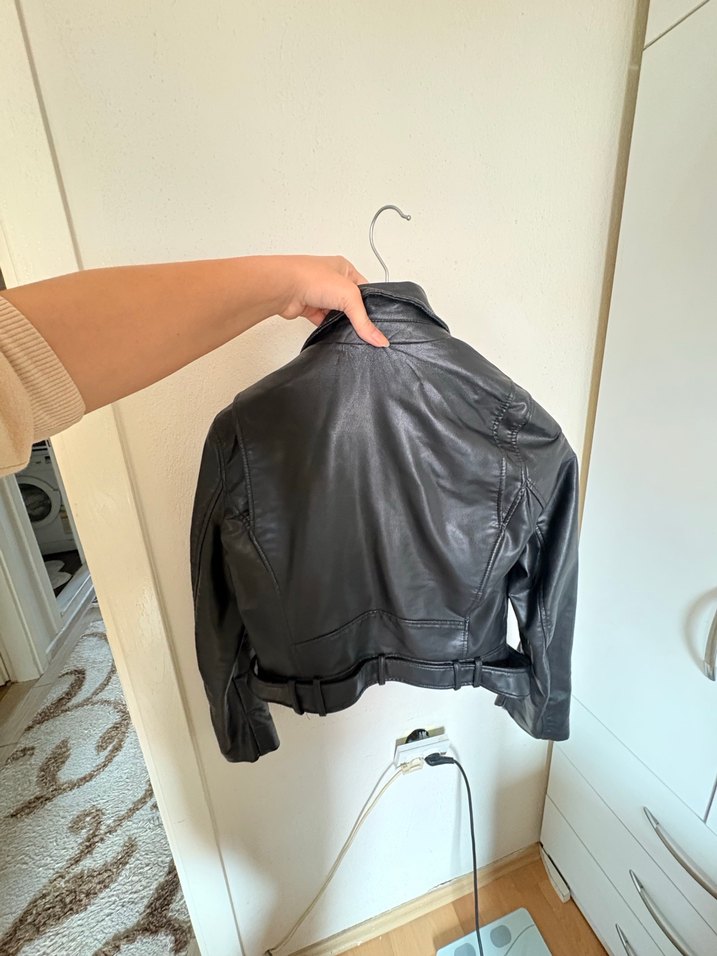 Siyah Kadın Deri Biker Ceket - Görsel 5