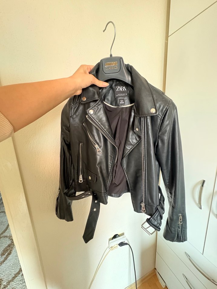 Siyah Kadın Deri Biker Ceket - Görsel 2