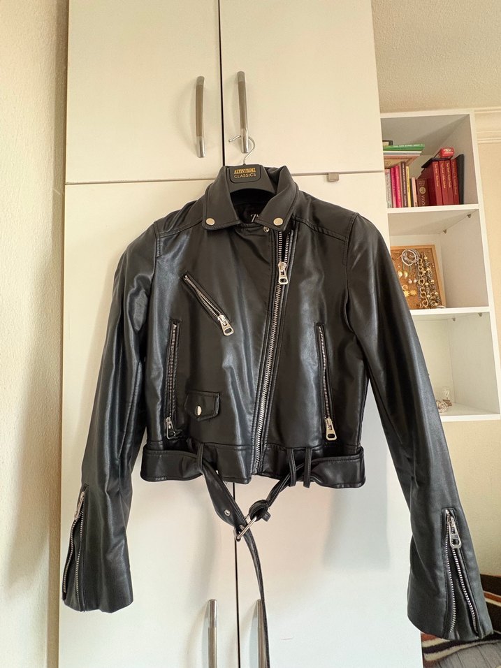 Siyah Kadın Deri Biker Ceket - Görsel 3