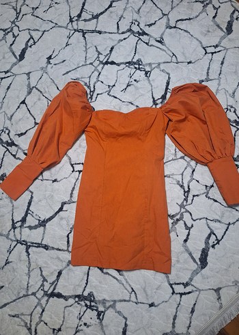 kiremit rengi balon kol elbise - Görsel 2