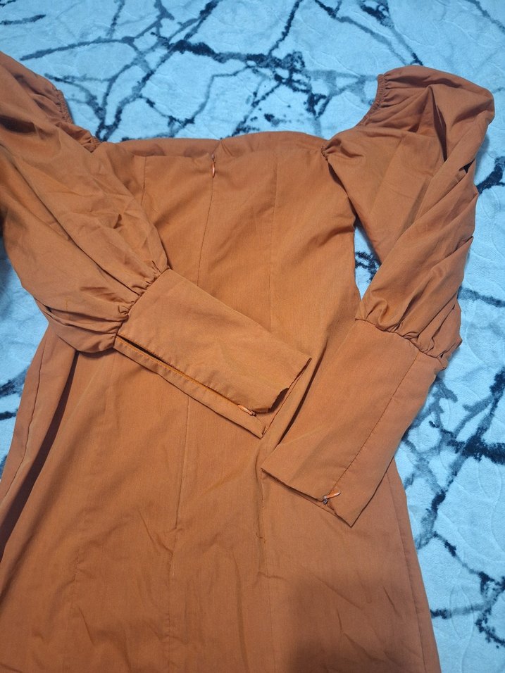 kiremit rengi balon kol elbise - Görsel 4