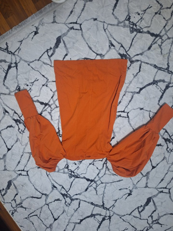 kiremit rengi balon kol elbise - Görsel 3